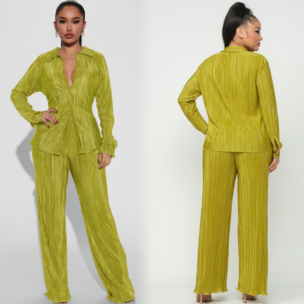 Pleated Olive Green Women's Pants & Jumpsuit Set